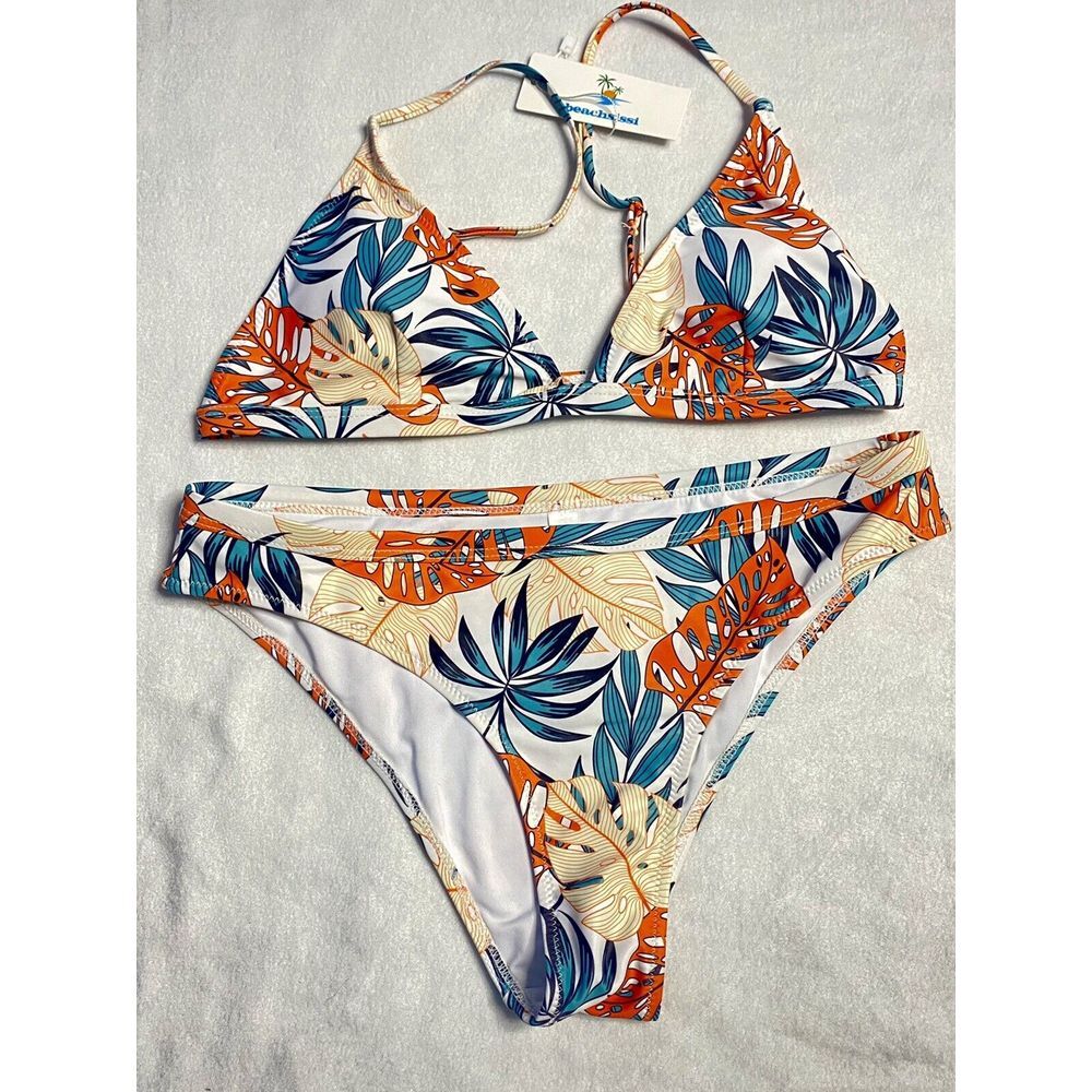 Womens Swim Suit 2 Piece Bakini‎ Sz L NWT Beach Tropical Pattern B